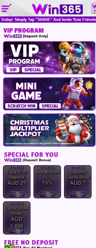 Win365 Casino promotions page on a mobile device