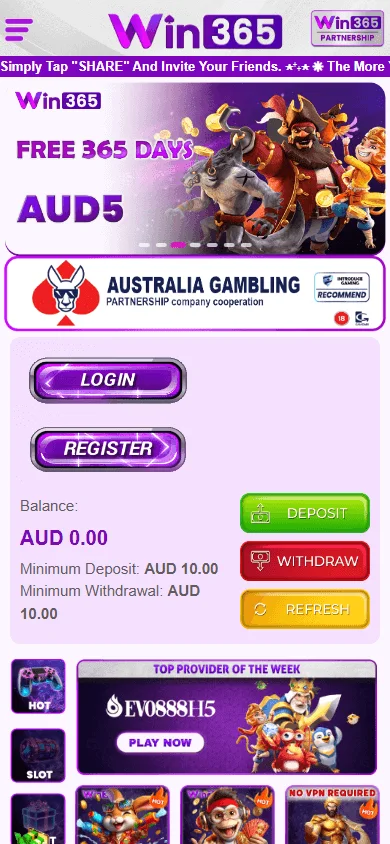 Win365 Casino home page on a mobile device
