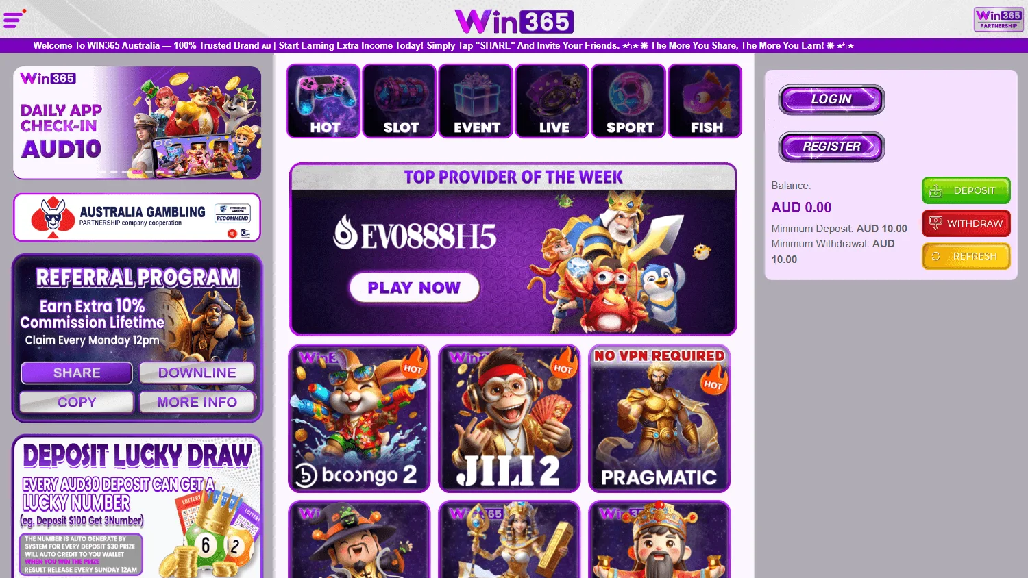 Win365 Casino home page on desktop