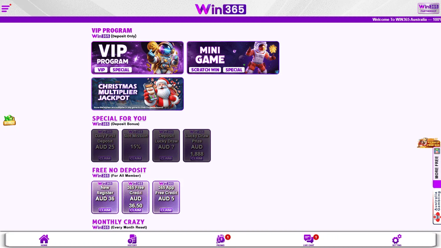 Win365 Casino promotions page on desktop